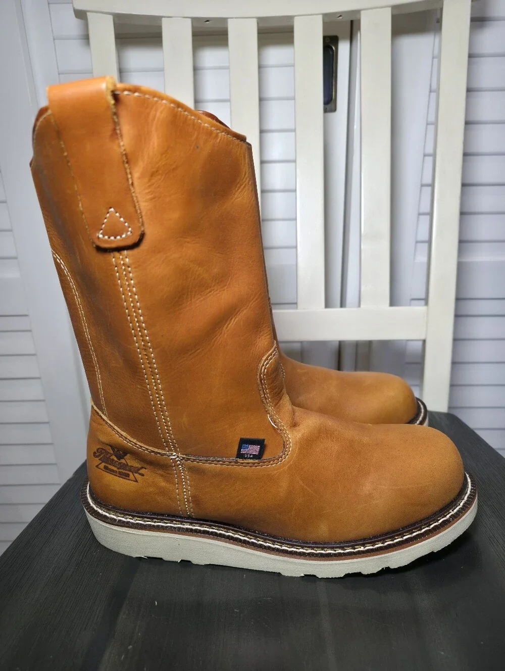 Thorogood American Heritage Tobacco Pull-On Wellington Wedge Sole Soft Toe Sz 8D